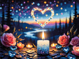 A candle with beads, pink roses, and glowing heart shapes at twilight. Size - 80cm x 60cm