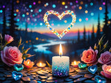 A diamond painting rendering of A candle with beads, pink roses, and glowing heart shapes at twilight.