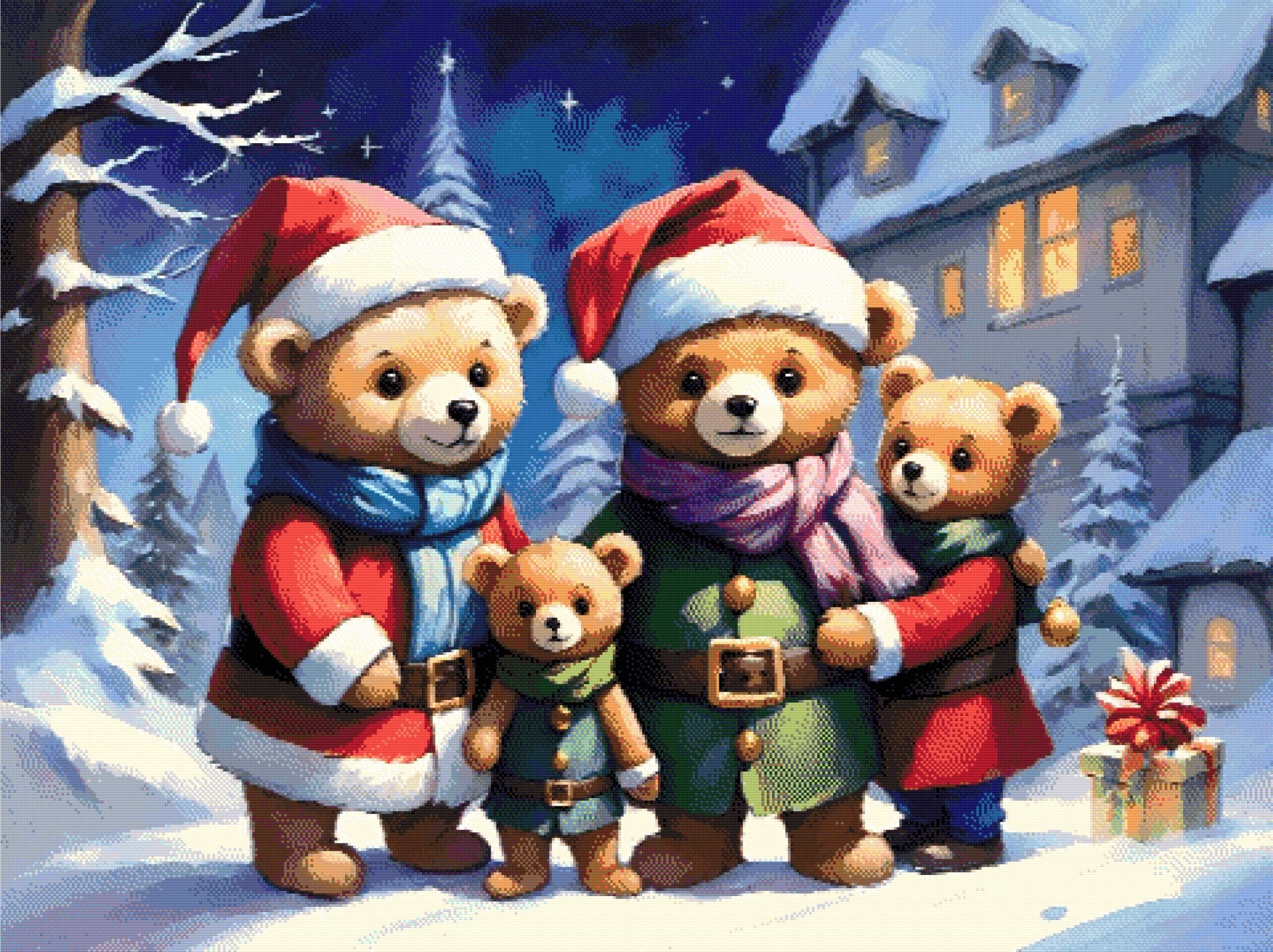 Four teddy bears in holiday outfits stand in snow with a gift nearby. Size - 120cm x 90cm