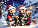 Four teddy bears in holiday outfits stand in snow with a gift nearby. Size - 120cm x 90cm