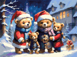 Four teddy bears in holiday outfits stand in snow with a gift nearby. Size - 40cm x 30cm