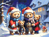 Four teddy bears in holiday outfits stand in snow with a gift nearby. Size - 60cm x 45cm