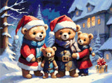 Four teddy bears in holiday outfits stand in snow with a gift nearby. Size - 60cm x 45cm