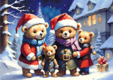Four teddy bears in holiday outfits stand in snow with a gift nearby. Size - 70cm x 50cm