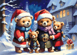 Four teddy bears in holiday outfits stand in snow with a gift nearby. Size - 70cm x 50cm