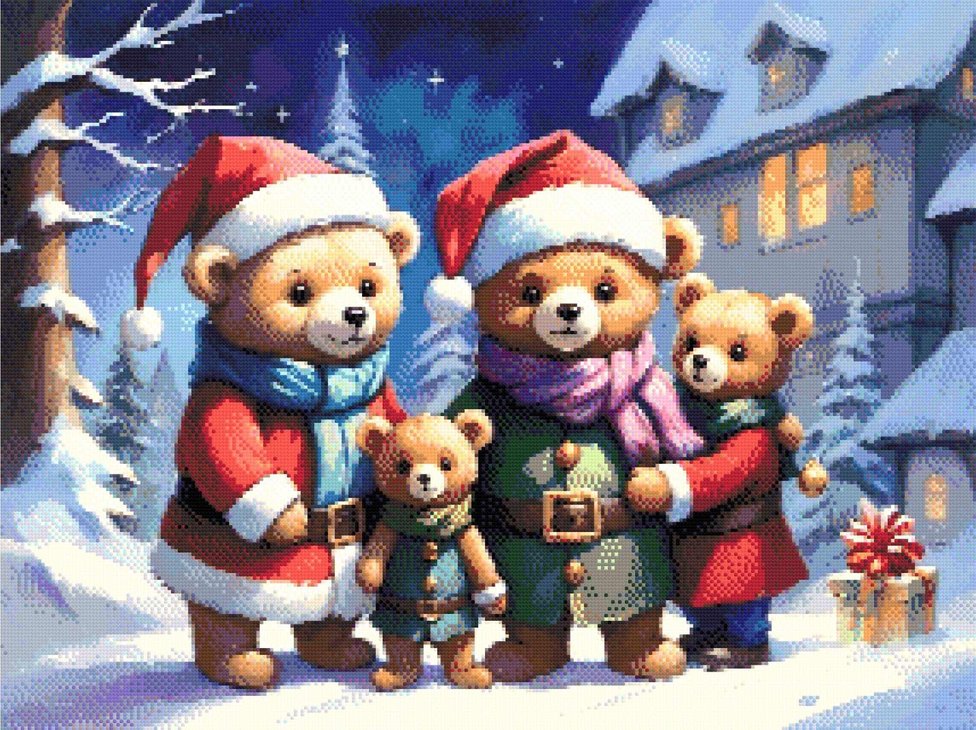 Four teddy bears in holiday outfits stand in snow with a gift nearby. Size - 80cm x 60cm