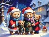 Four teddy bears in holiday outfits stand in snow with a gift nearby. Size - 80cm x 60cm