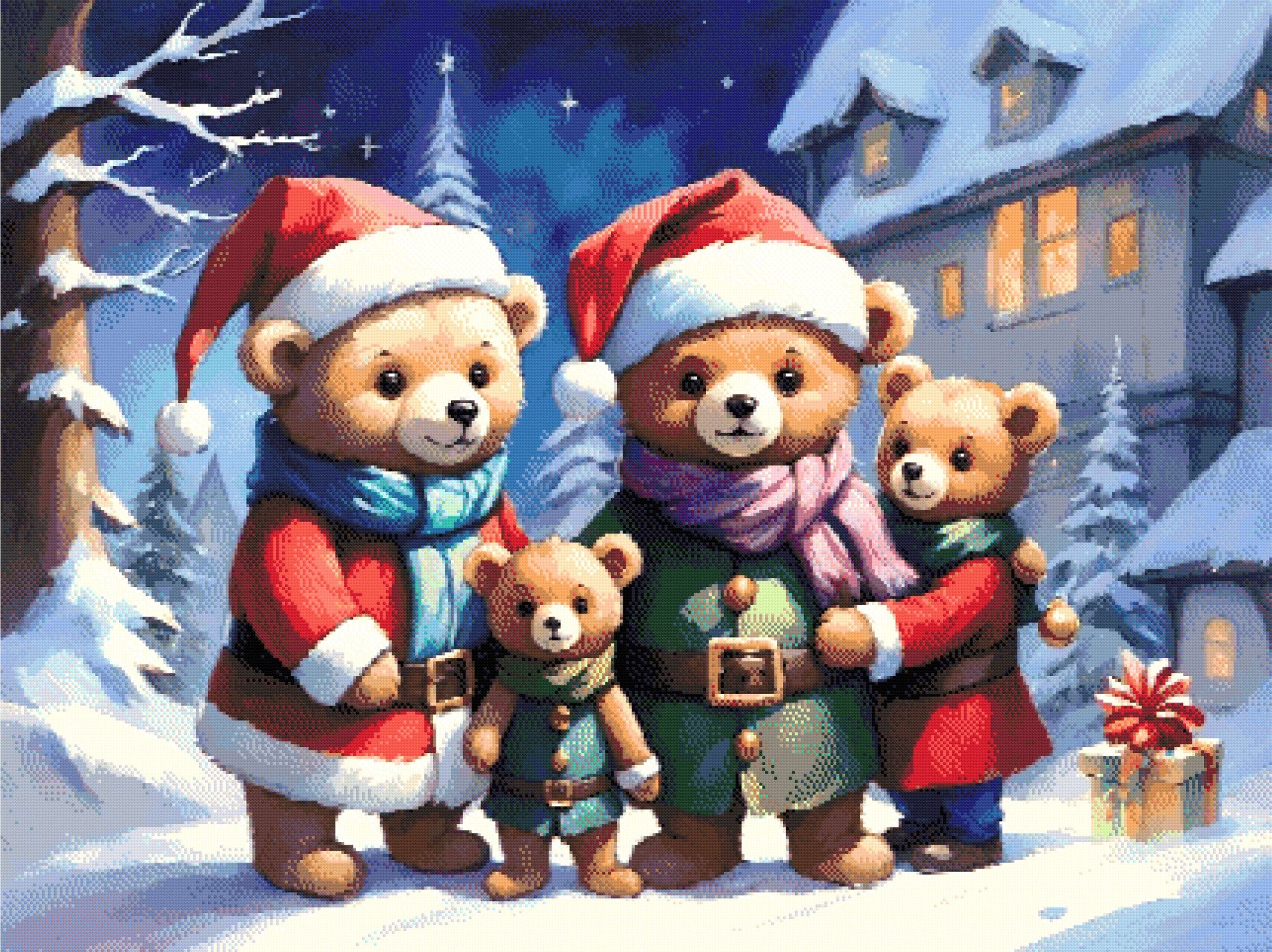 Four teddy bears in holiday outfits stand in snow with a gift nearby. Size - 120cm x 90cm