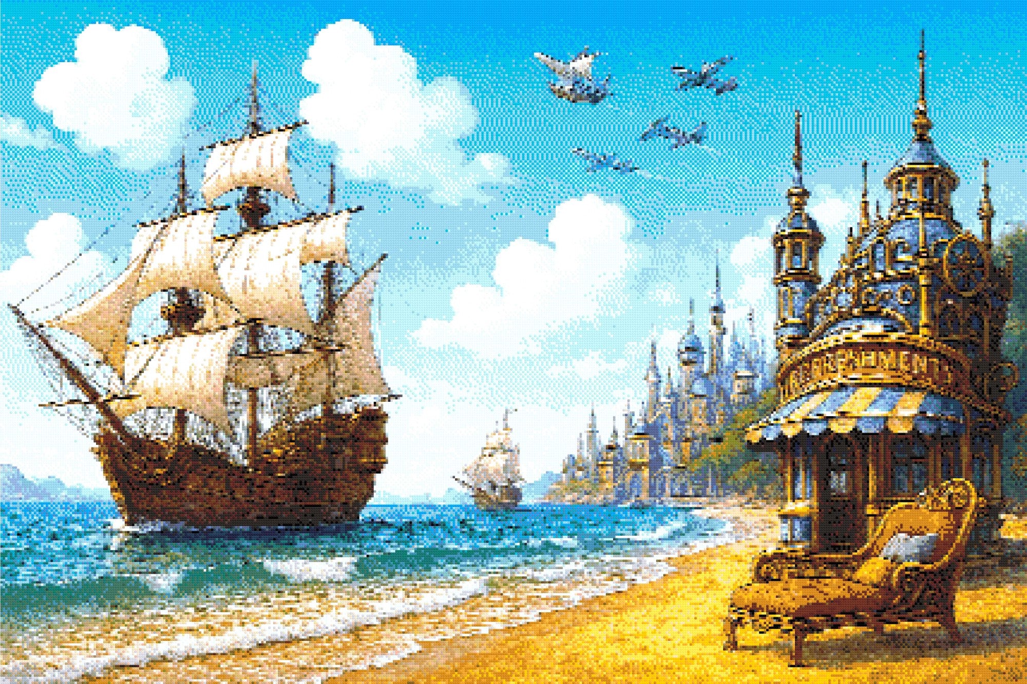 Whimsical seascape with a sailing ship, planes, a castle, and a refreshment stand on a beach. Size - 120cm x 80cm