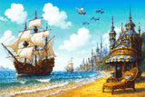 Whimsical seascape with a sailing ship, planes, a castle, and a refreshment stand on a beach. Size - 120cm x 80cm