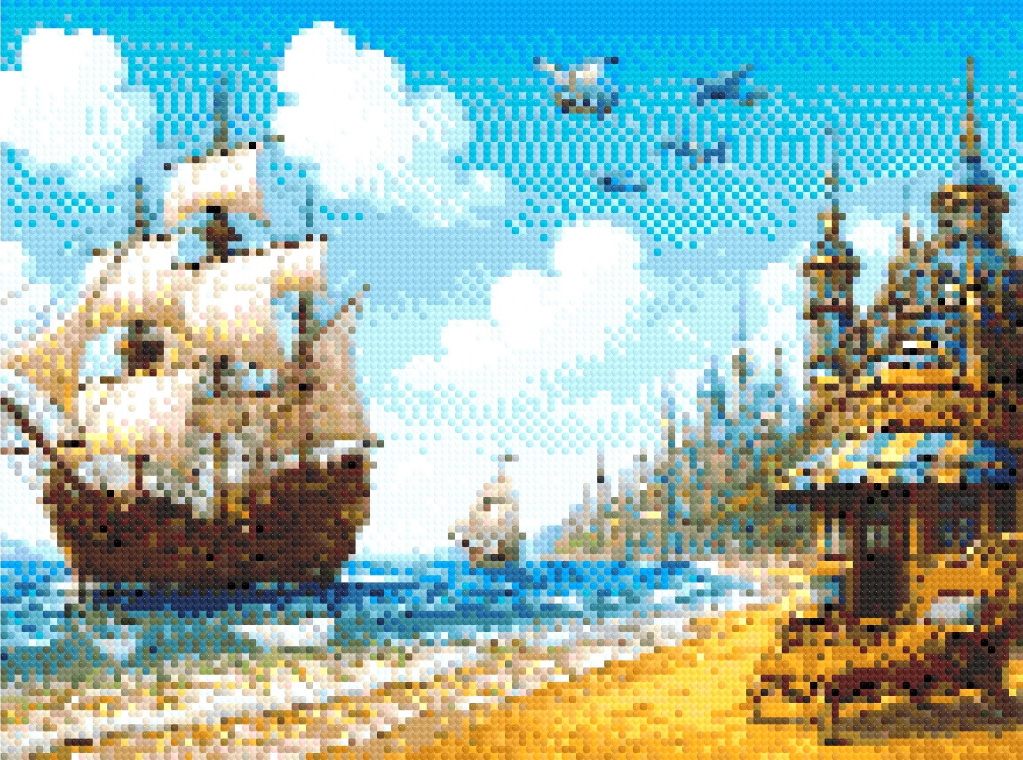Whimsical seascape with a sailing ship, planes, a castle, and a refreshment stand on a beach. Size - 40cm x 30cm