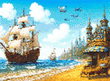Whimsical seascape with a sailing ship, planes, a castle, and a refreshment stand on a beach. Size - 40cm x 30cm