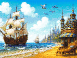 Whimsical seascape with a sailing ship, planes, a castle, and a refreshment stand on a beach. Size - 40cm x 30cm