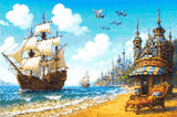 Whimsical seascape with a sailing ship, planes, a castle, and a refreshment stand on a beach. Size - 60cm x 40cm
