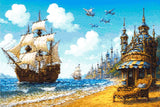 Whimsical seascape with a sailing ship, planes, a castle, and a refreshment stand on a beach. Size - 60cm x 40cm