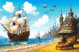 Whimsical seascape with a sailing ship, planes, a castle, and a refreshment stand on a beach. Size - 90cm x 60cm