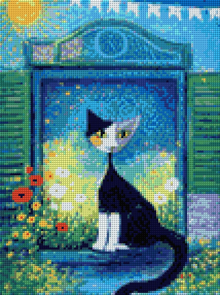 A whimsical cat on a windowsill with starry sky and colourful flowers. Size - 30cm x 40cm