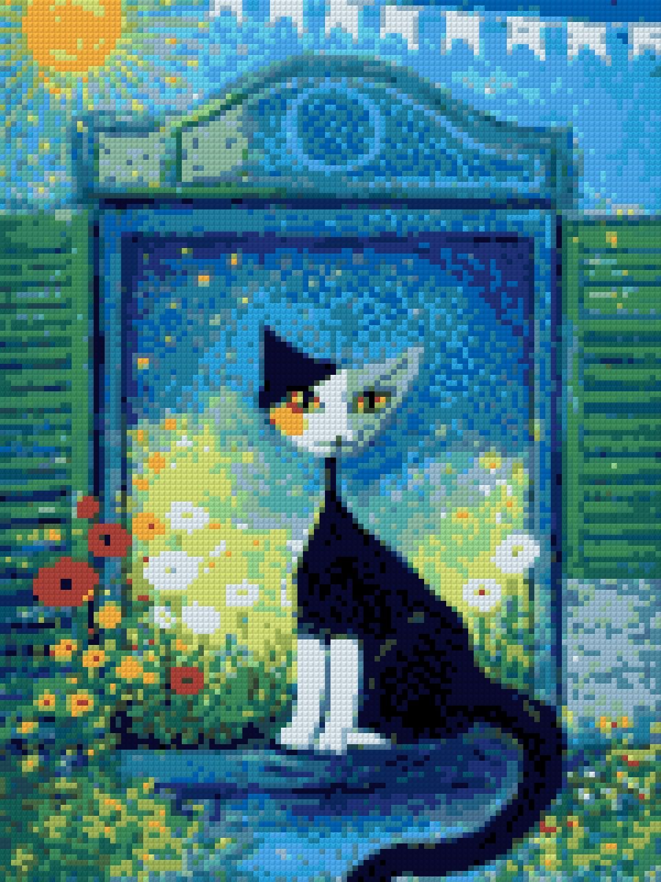 A whimsical cat on a windowsill with starry sky and colourful flowers. Size - 30cm x 40cm