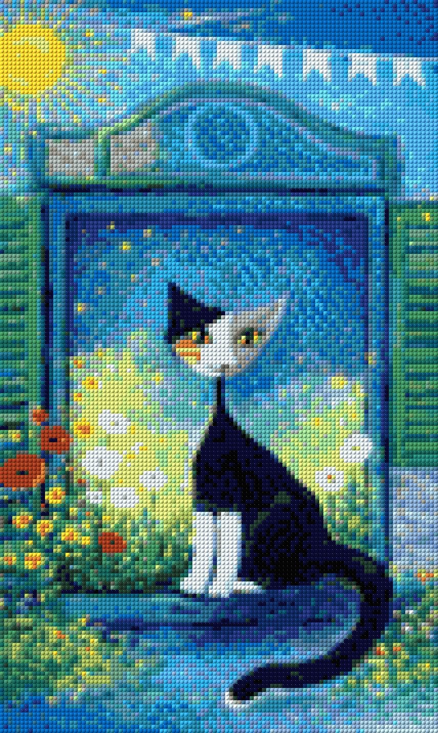 A whimsical cat on a windowsill with starry sky and colourful flowers. Size - 30cm x 50cm
