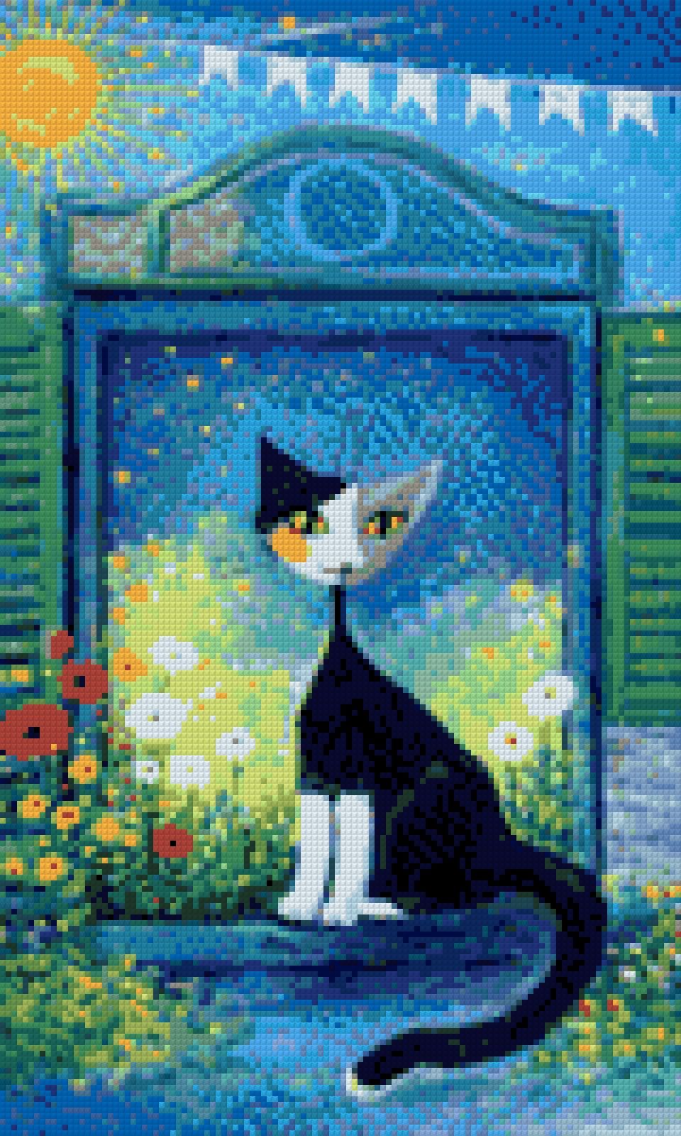 A whimsical cat on a windowsill with starry sky and colourful flowers. Size - 30cm x 50cm