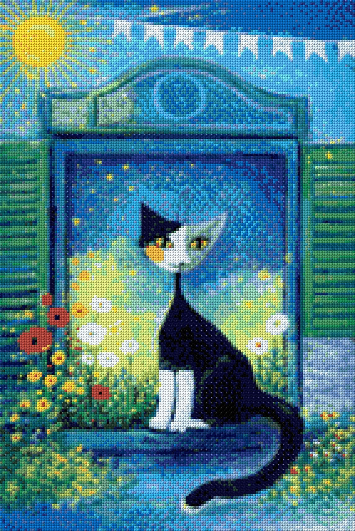 A whimsical cat on a windowsill with starry sky and colourful flowers. Size - 40cm x 60cm