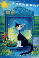 A whimsical cat on a windowsill with starry sky and colourful flowers. Size - 40cm x 60cm
