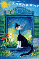 A whimsical cat on a windowsill with starry sky and colourful flowers. Size - 60cm x 90cm