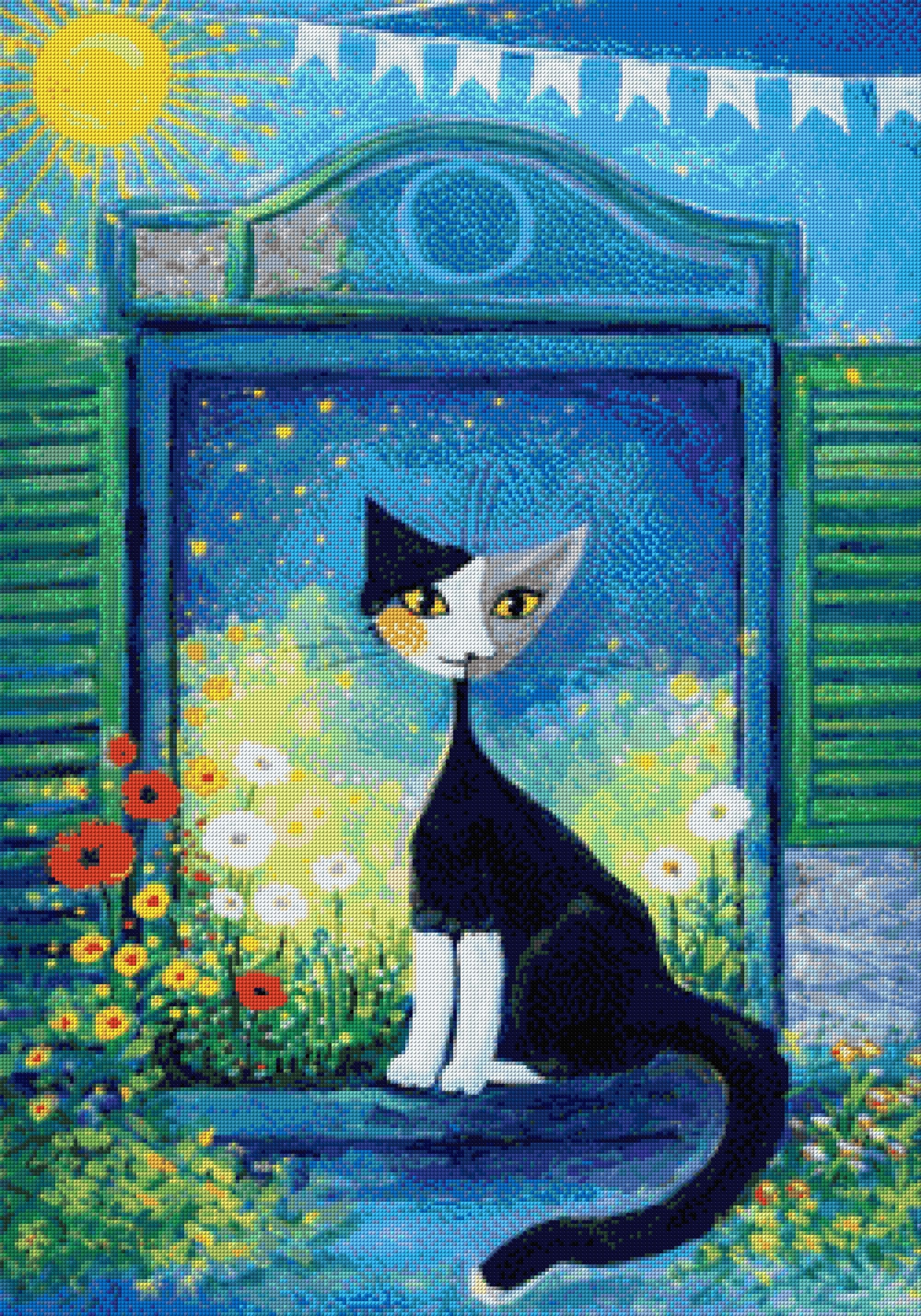 A whimsical cat on a windowsill with starry sky and colourful flowers. Size - 70cm x 100cm