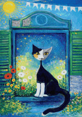 A whimsical cat on a windowsill with starry sky and colourful flowers. Size - 70cm x 100cm