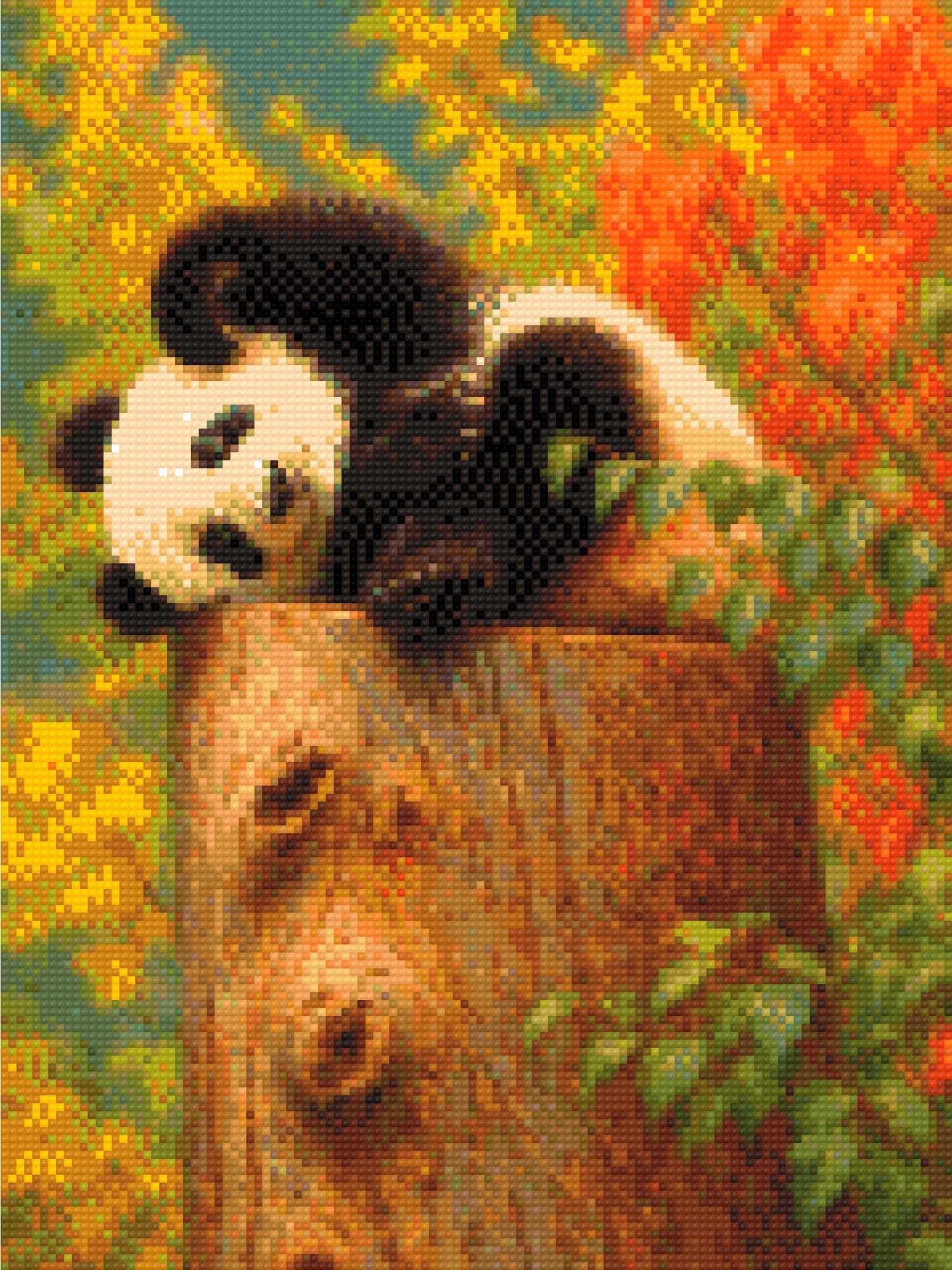 Panda lounging on a tree stump surrounded by colourful autumn leaves. Size - 30cm x 40cm