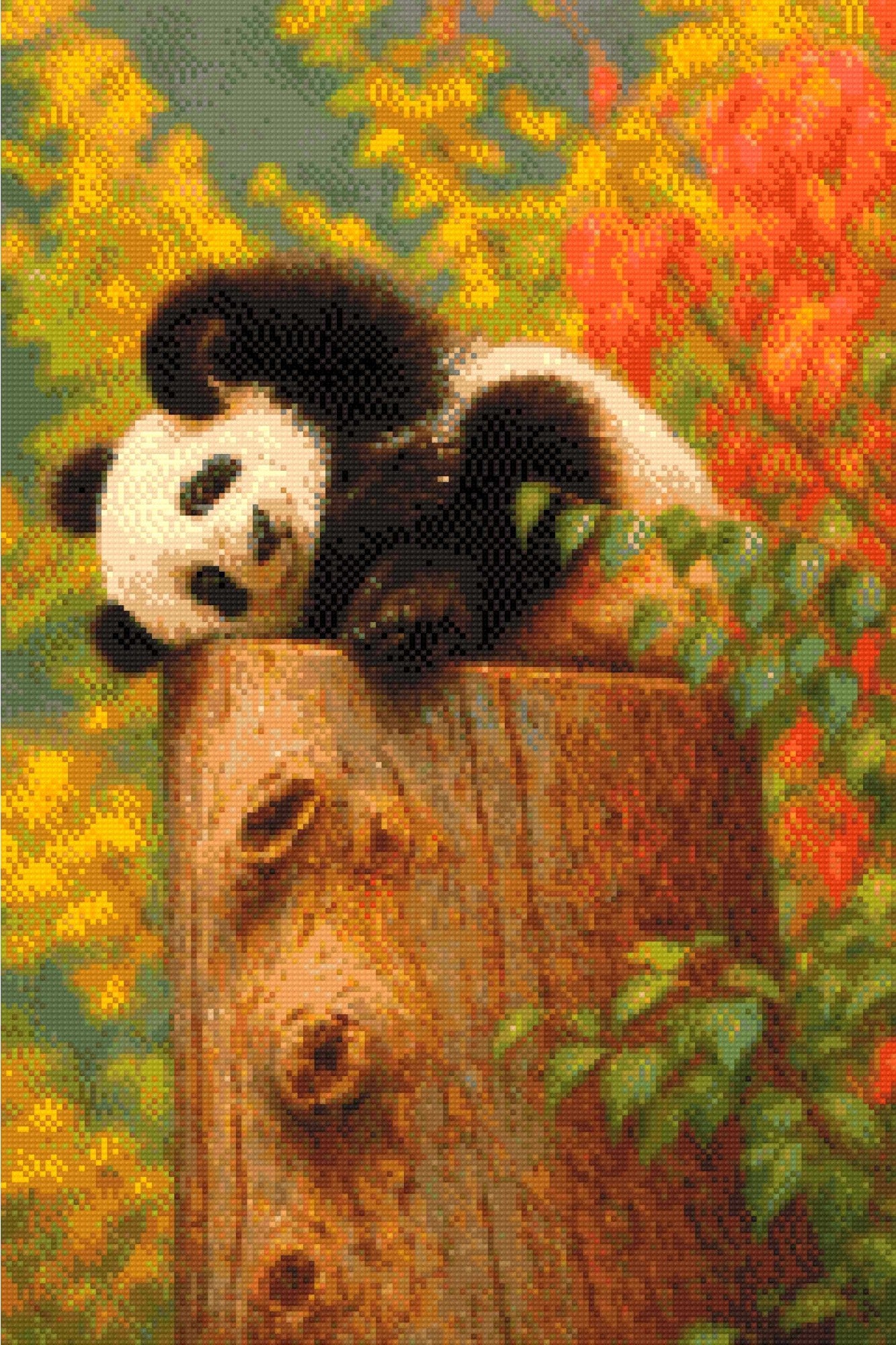 Panda lounging on a tree stump surrounded by colourful autumn leaves. Size - 40cm x 60cm