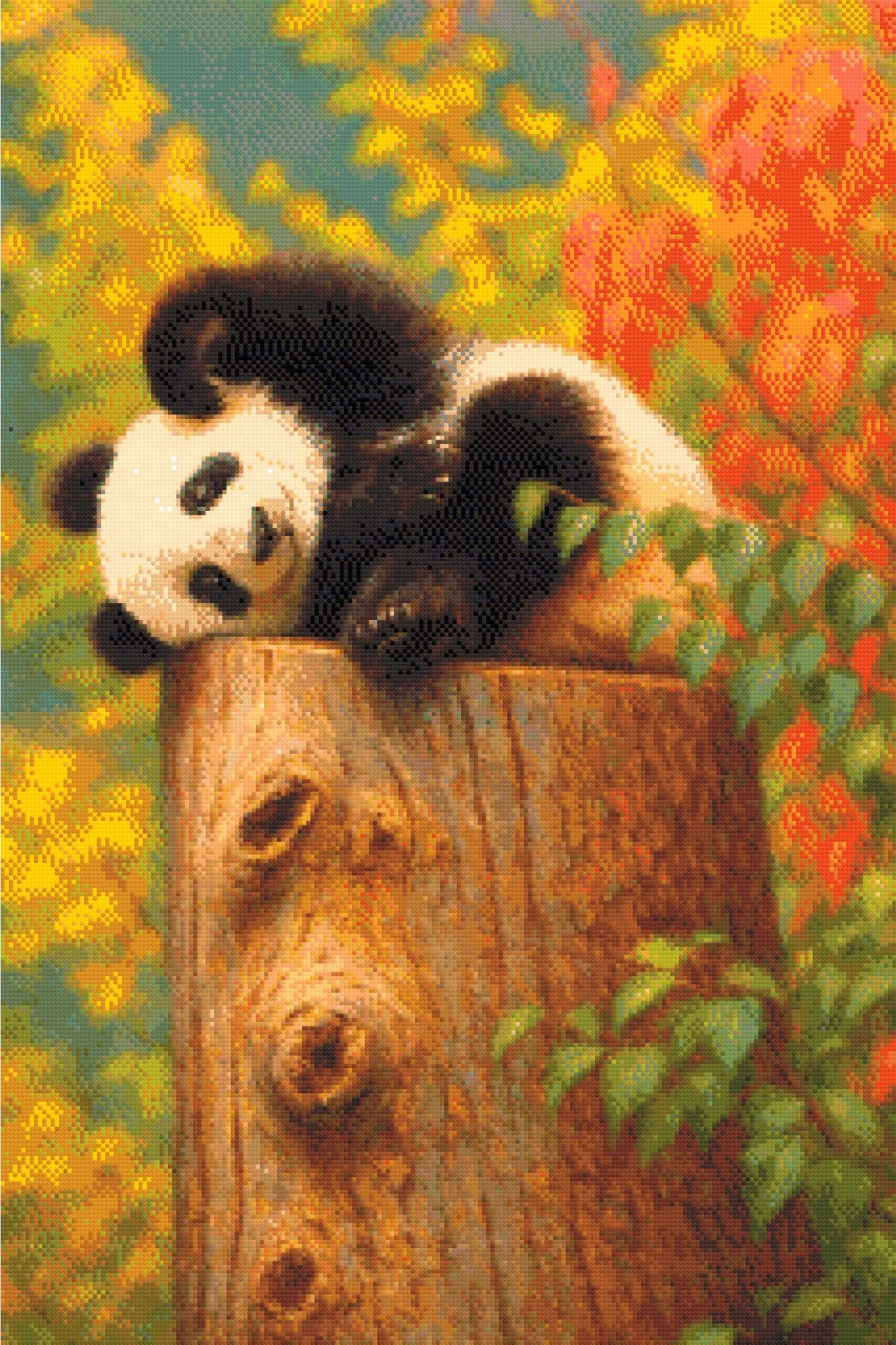 Panda lounging on a tree stump surrounded by colourful autumn leaves. Size - 60cm x 90cm