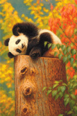 Panda lounging on a tree stump surrounded by colourful autumn leaves. Size - 80cm x 120cm