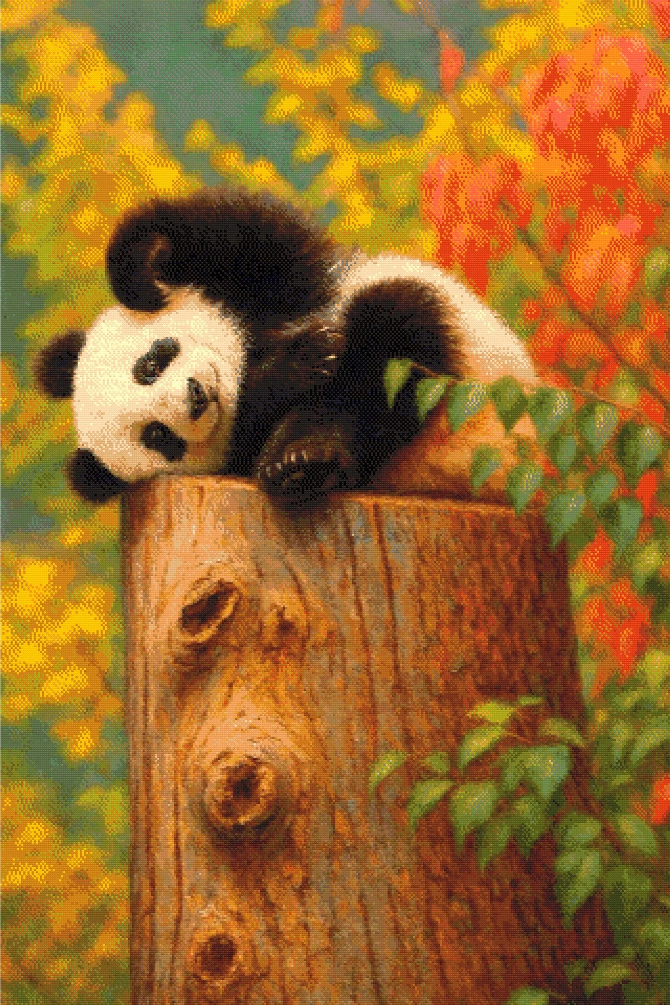 Panda lounging on a tree stump surrounded by colourful autumn leaves. Size - 80cm x 120cm