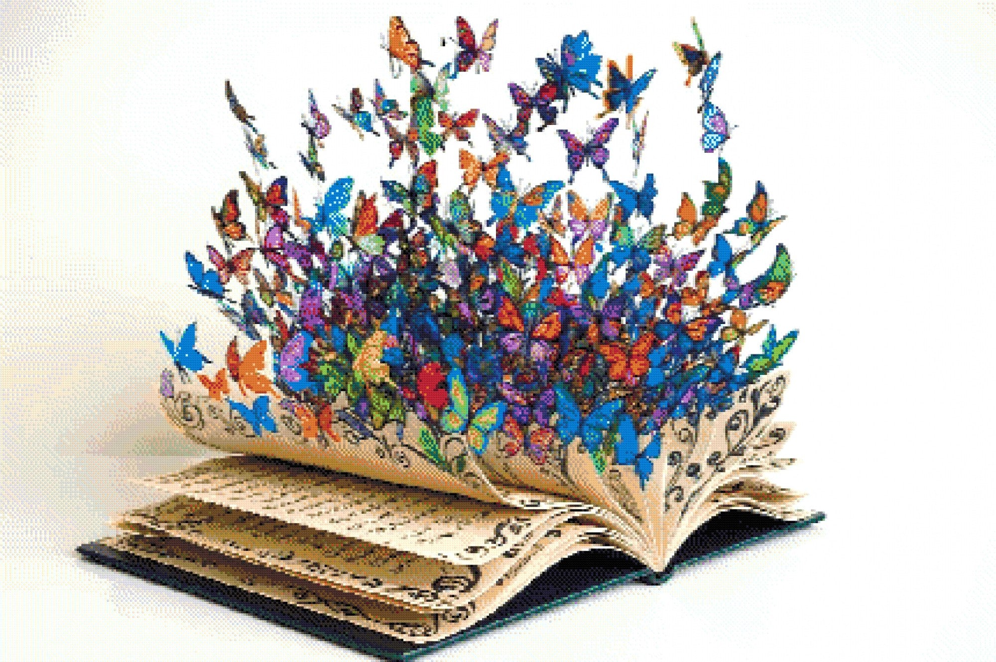 Butterflies emerging from an open book, colourful and lively. Size - 120cm x 80cm