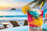 colourful cocktail with lime on a beach at sunset. Size - 60cm x 40cm