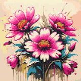 Three vibrant magenta and pink flowers with teal leaves on a canvas with paint splatters. Size - 30cm x 30cm