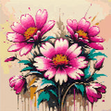 Three vibrant magenta and pink flowers with teal leaves on a canvas with paint splatters. Size - 30cm x 30cm
