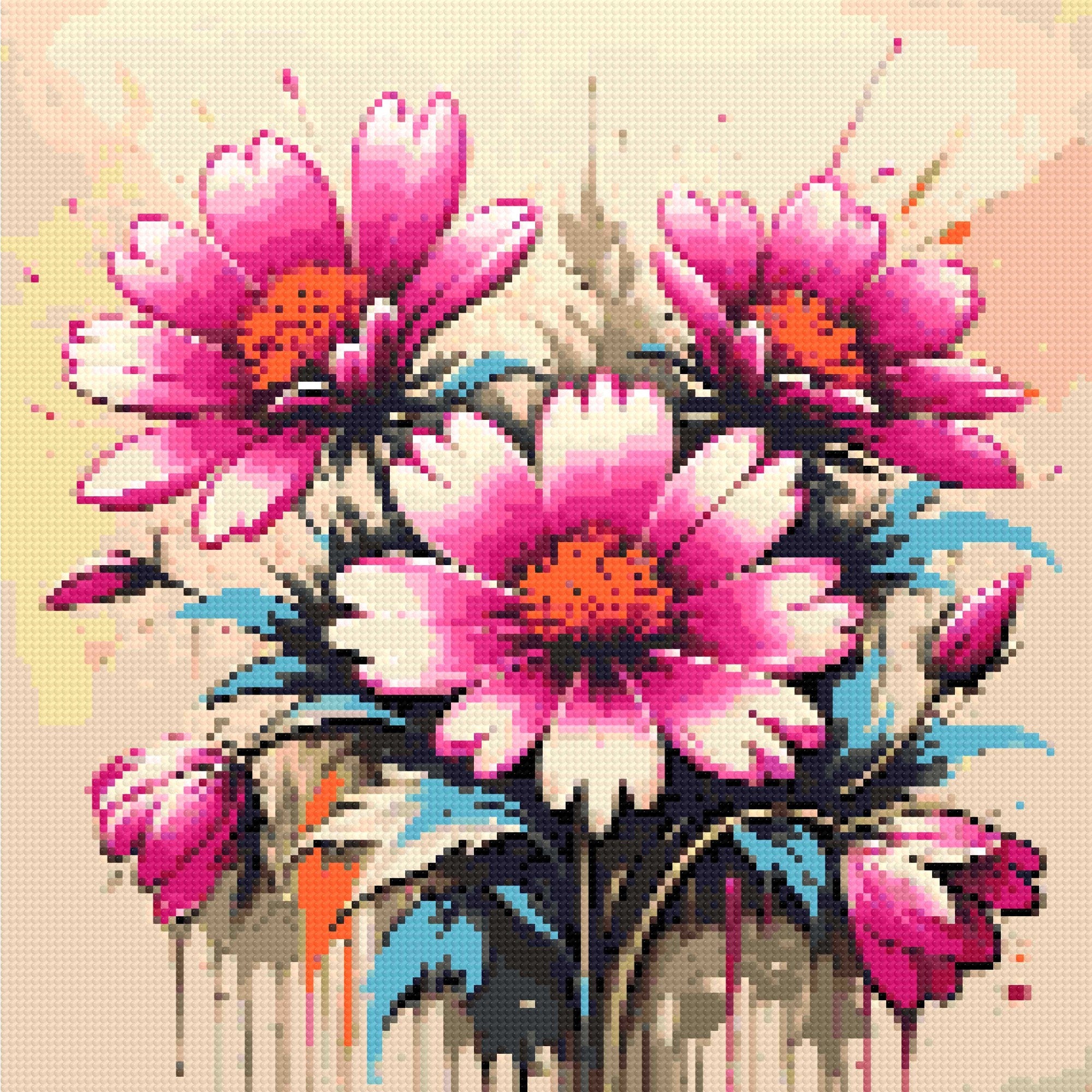 Three vibrant magenta and pink flowers with teal leaves on a canvas with paint splatters. Size - 40cm x 40cm