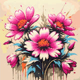 Three vibrant magenta and pink flowers with teal leaves on a canvas with paint splatters. Size - 40cm x 40cm