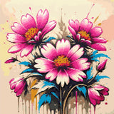 Three vibrant magenta and pink flowers with teal leaves on a canvas with paint splatters. Size - 50cm x 50cm