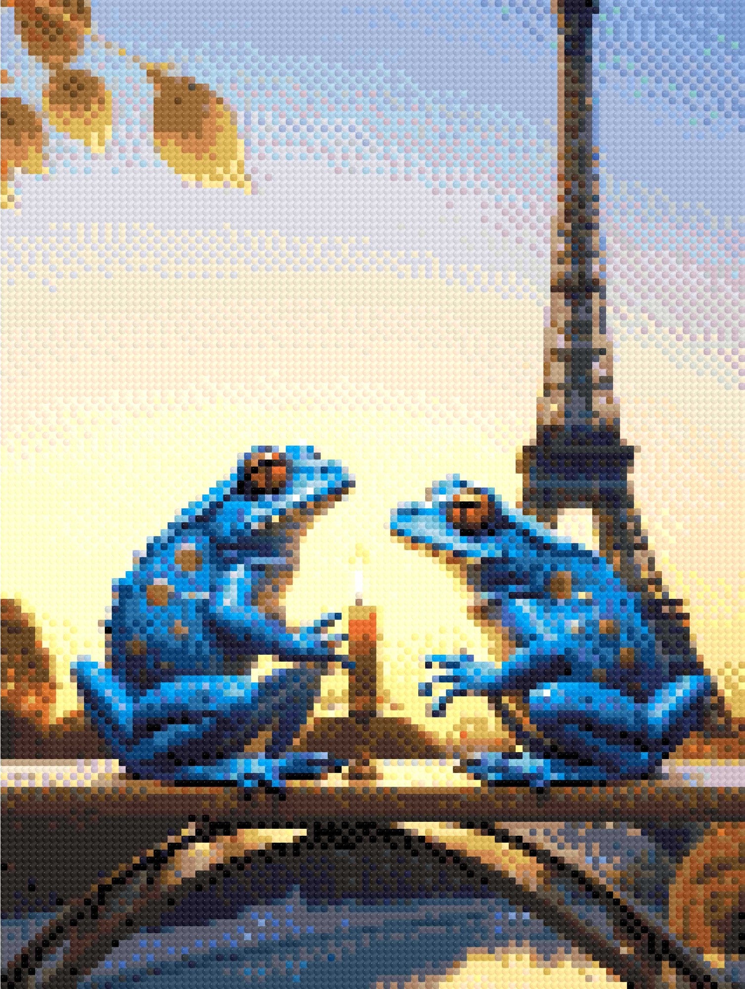 Two blue frogs with a candle, Eiffel Tower in background. Size - 30cm x 40cm