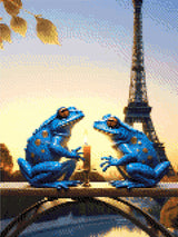 Two blue frogs with a candle, Eiffel Tower in background. Size - 30cm x 40cm