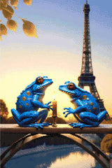 Two blue frogs with a candle, Eiffel Tower in background. Size - 40cm x 60cm