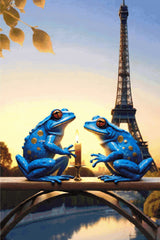 Two blue frogs with a candle, Eiffel Tower in background. Size - 80cm x 120cm