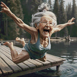 Elderly woman joyfully diving off a dock into a lake. Size - 100cm x 100cm