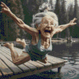 Elderly woman joyfully diving off a dock into a lake. Size - 30cm x 30cm