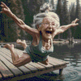 Elderly woman joyfully diving off a dock into a lake. Size - 30cm x 30cm