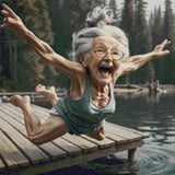 Elderly woman joyfully diving off a dock into a lake. Size - 50cm x 50cm