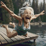 Elderly woman joyfully diving off a dock into a lake. Size - 50cm x 50cm
